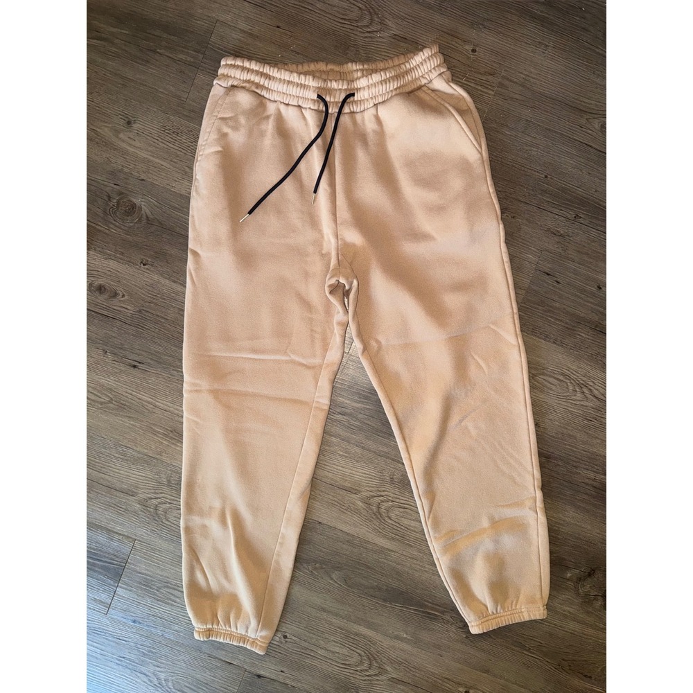 Manfinity Mens Fleece Lined Jogger Sweatpants Tan Beige Large Drawstring Cuffs